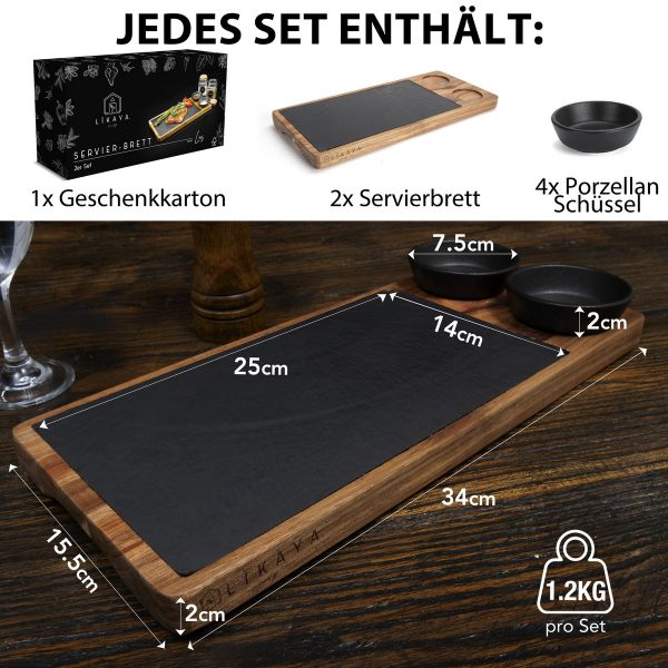 Servierbrett 'LUIS' 2er Set aus FSC® Akazien-Holz mit Schieferplatte & Saucen Schüsseln – Bild 3