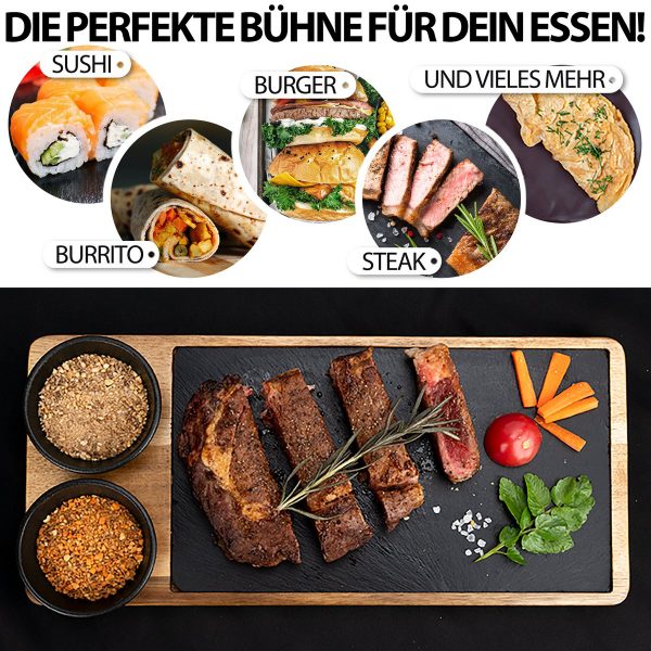 Servierbrett 'LUIS' 2er Set aus FSC® Akazien-Holz mit Schieferplatte & Saucen Schüsseln – Bild 2