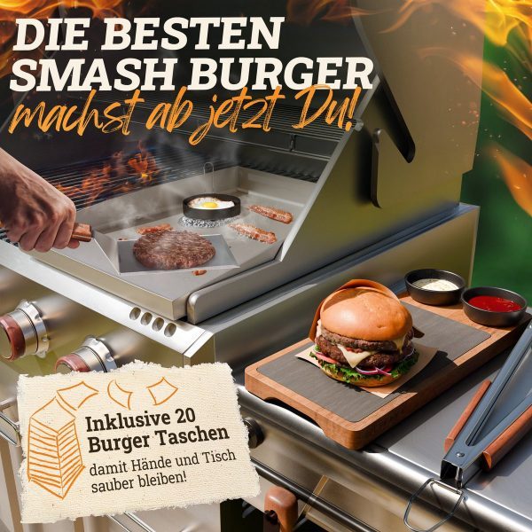 Burgerglocken-Set [3-TLG.] für Smash Burger aus Edelstahl & Akazienholz-Griffen für Plancha, Grillplatte, Gasgrill & Feuerplatte – Bild 4