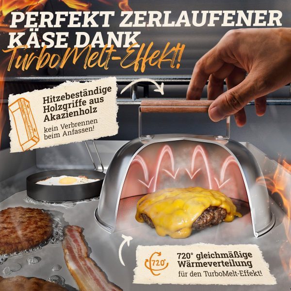 Burgerglocken-Set [3-TLG.] für Smash Burger aus Edelstahl & Akazienholz-Griffen für Plancha, Grillplatte, Gasgrill & Feuerplatte – Bild 3