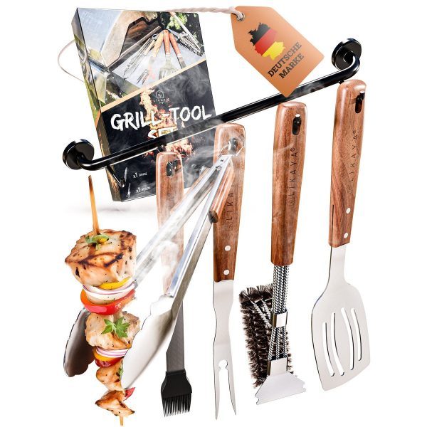 Premium Grillbesteck-Set aus Edelstahl mit Akazienholz-Griff