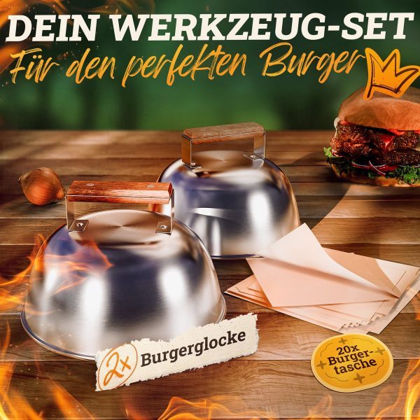 Burgerglocken-Set [3-TLG.] für Smash Burger aus Edelstahl & Akazienholz-Griffen für Plancha, Grillplatte, Gasgrill & Feuerplatte – Bild 2