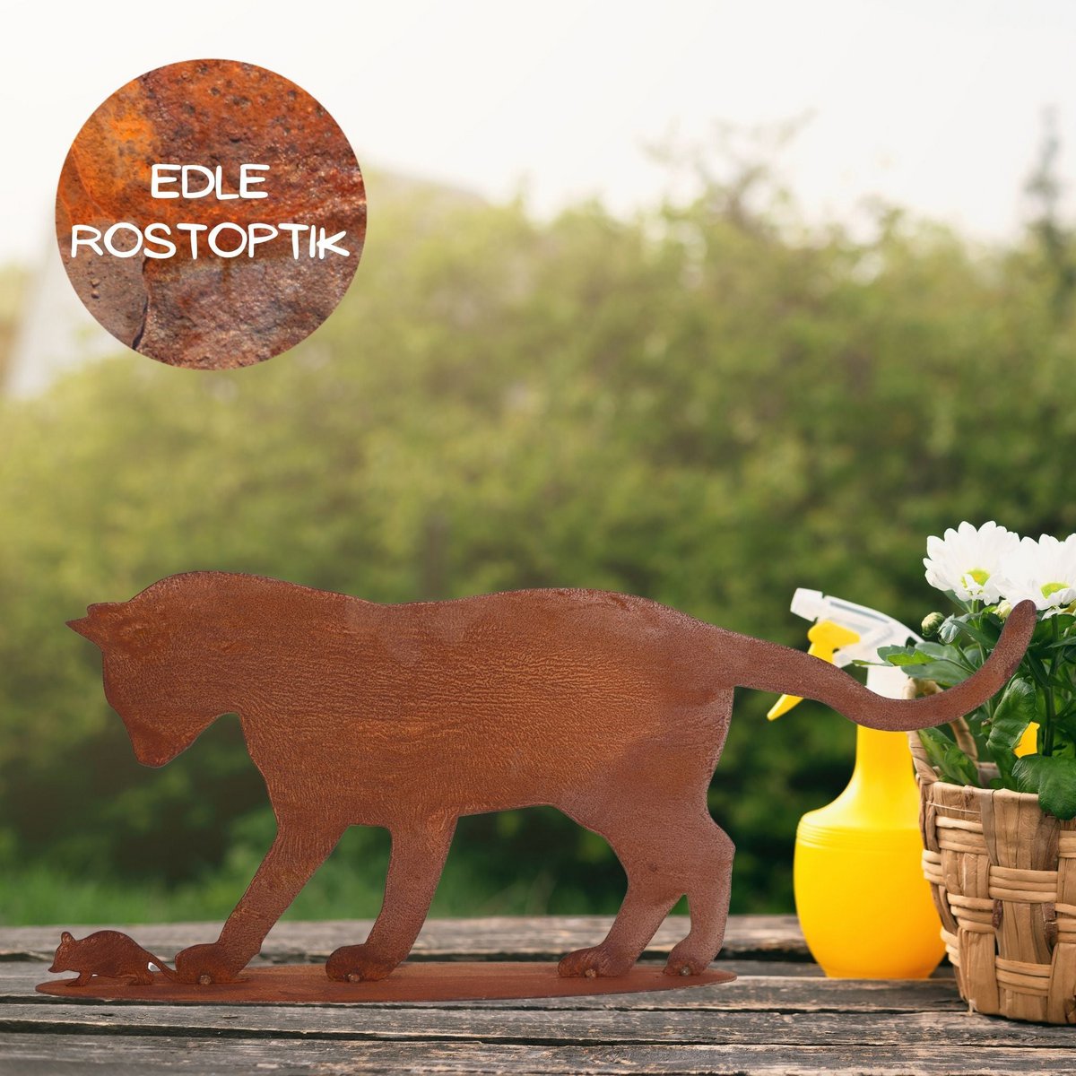 Edelrost Katze mit Maus | auf Bodenplatte | Shabby Chic Metalldeko – Bild 6