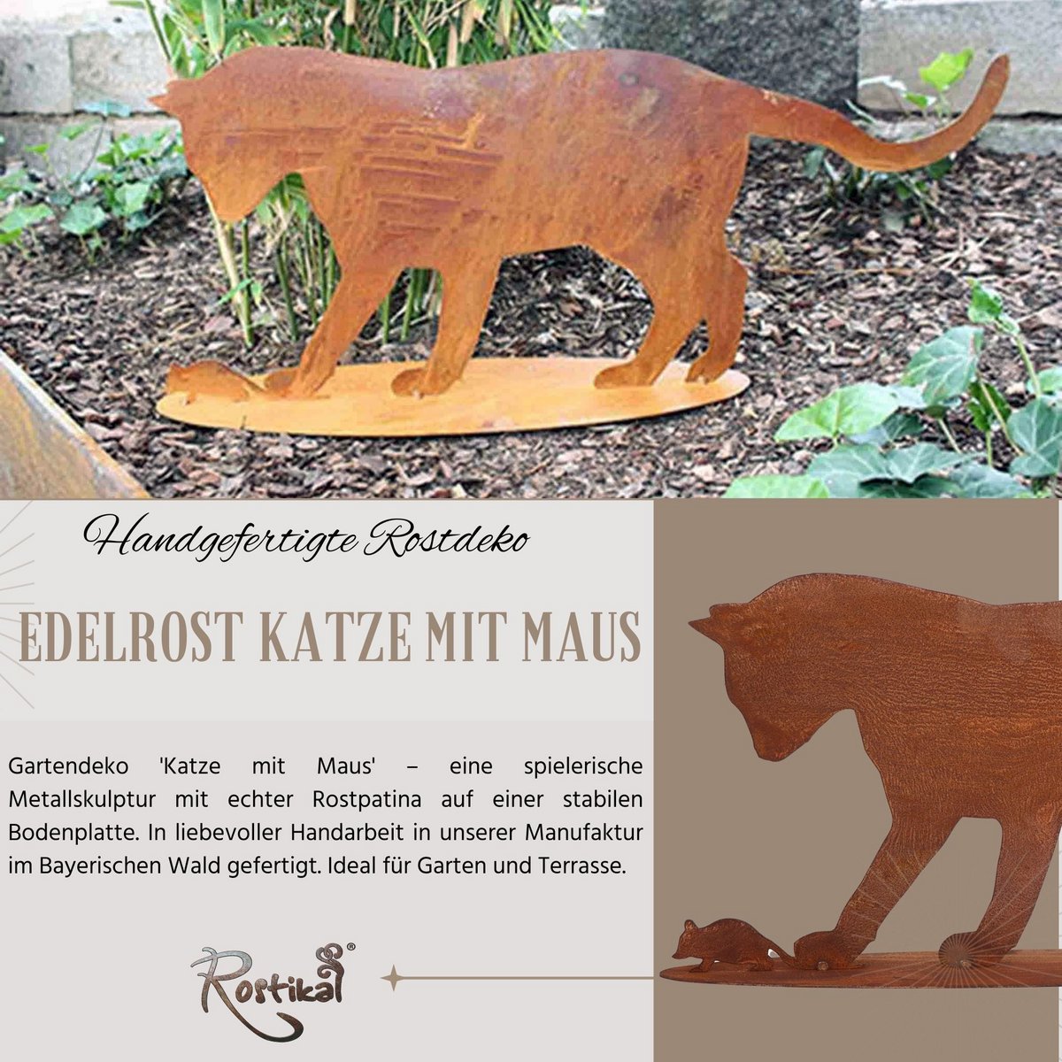 Edelrost Katze mit Maus | auf Bodenplatte | Shabby Chic Metalldeko – Bild 5