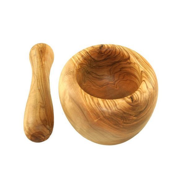 Mörser rund (ca. 12 cm Durchmesser)  inkl. Stößel aus Olivenholz – Bild 2