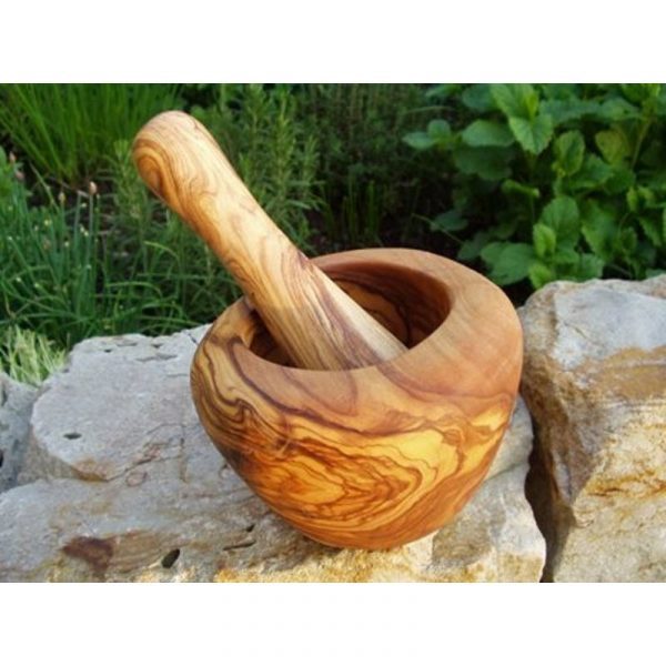 Mörser rund (ca. 12 cm Durchmesser)  inkl. Stößel aus Olivenholz – Bild 3