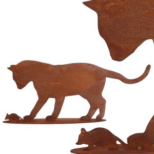 Edelrost Katze mit Maus | auf Bodenplatte | Shabby Chic Metalldeko
