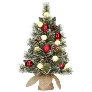 Kaprun Künstlicher Weihnachtsbaum aus Jute mit LED-Beleuchtung – H60 x Ø39 cm – Grün gefrostet, Rot