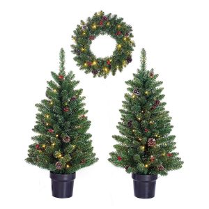 Creston Set bestehend aus 2 Weihnachtsbäumen und 1 Kranz mit LED-Beleuchtung – Grün