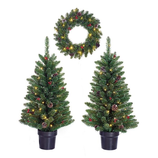Creston Set bestehend aus 2 Weihnachtsbäumen und 1 Kranz mit LED-Beleuchtung – Grün