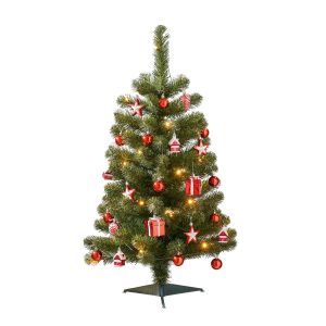 Joy Künstlicher Weihnachtsbaum mit 26 Ornamenten und LED-Beleuchtung – H90 x Ø50 cm – Grün, Rot
