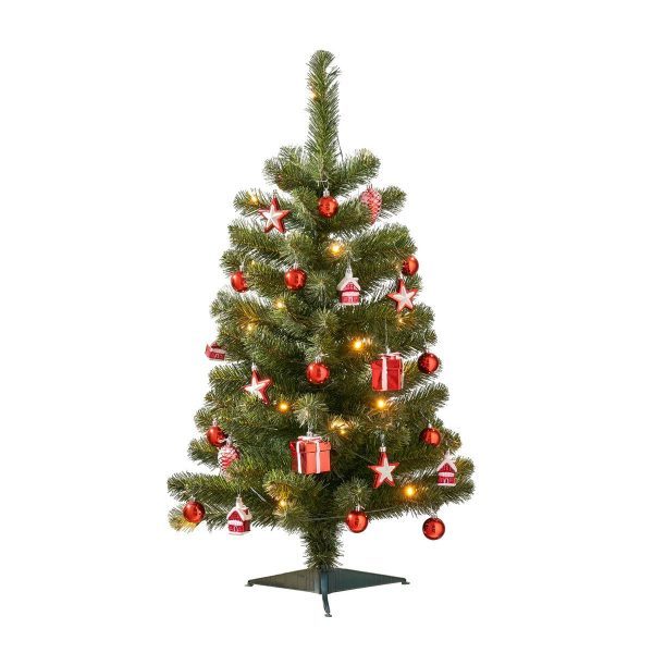Joy Künstlicher Weihnachtsbaum mit 26 Ornamenten und LED-Beleuchtung – H90 x Ø50 cm – Grün, Rot