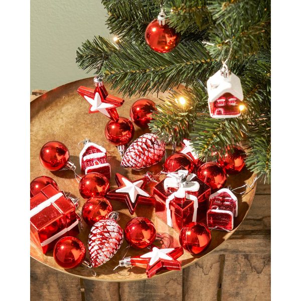 Joy Künstlicher Weihnachtsbaum mit 26 Ornamenten und LED-Beleuchtung – H90 x Ø50 cm – Grün, Rot – Bild 3