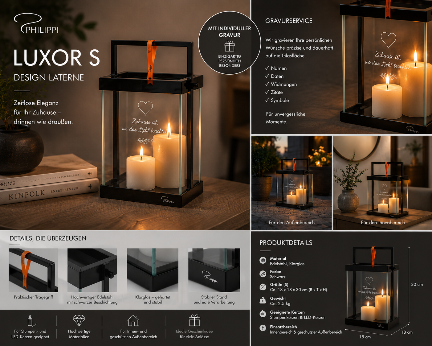 PHILIPPI LUXOR Laterne S – Designlaterne aus Edelstahl und Glas – Bild 6