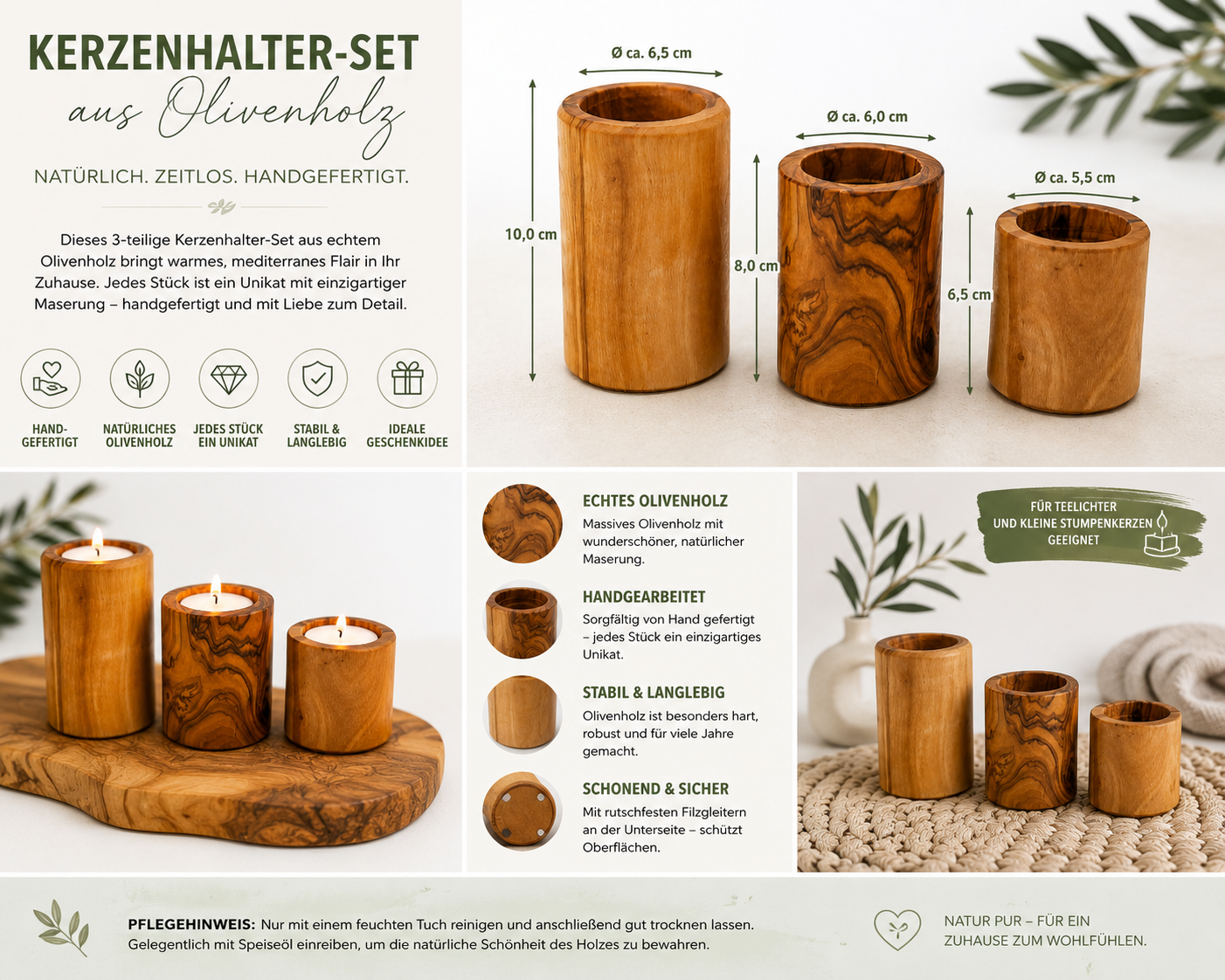 Kerzenhalter-Set aus massivem Olivenholz – 3 handgefertigte Teelichthalter – natürliche Holzmaserung – optional mit Gravur – Bild 3