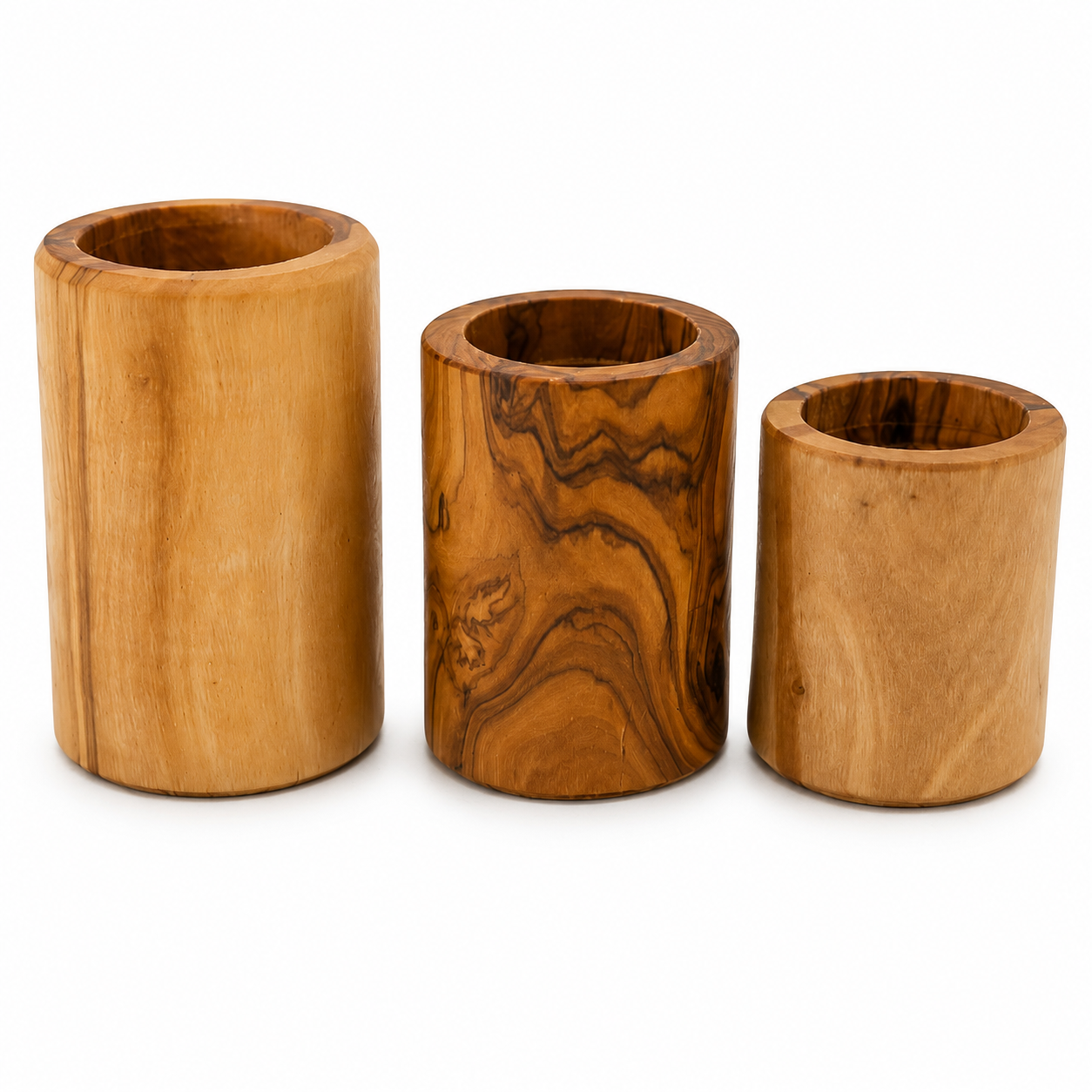 Kerzenhalter-Set aus massivem Olivenholz – 3 handgefertigte Teelichthalter – natürliche Holzmaserung – optional mit Gravur