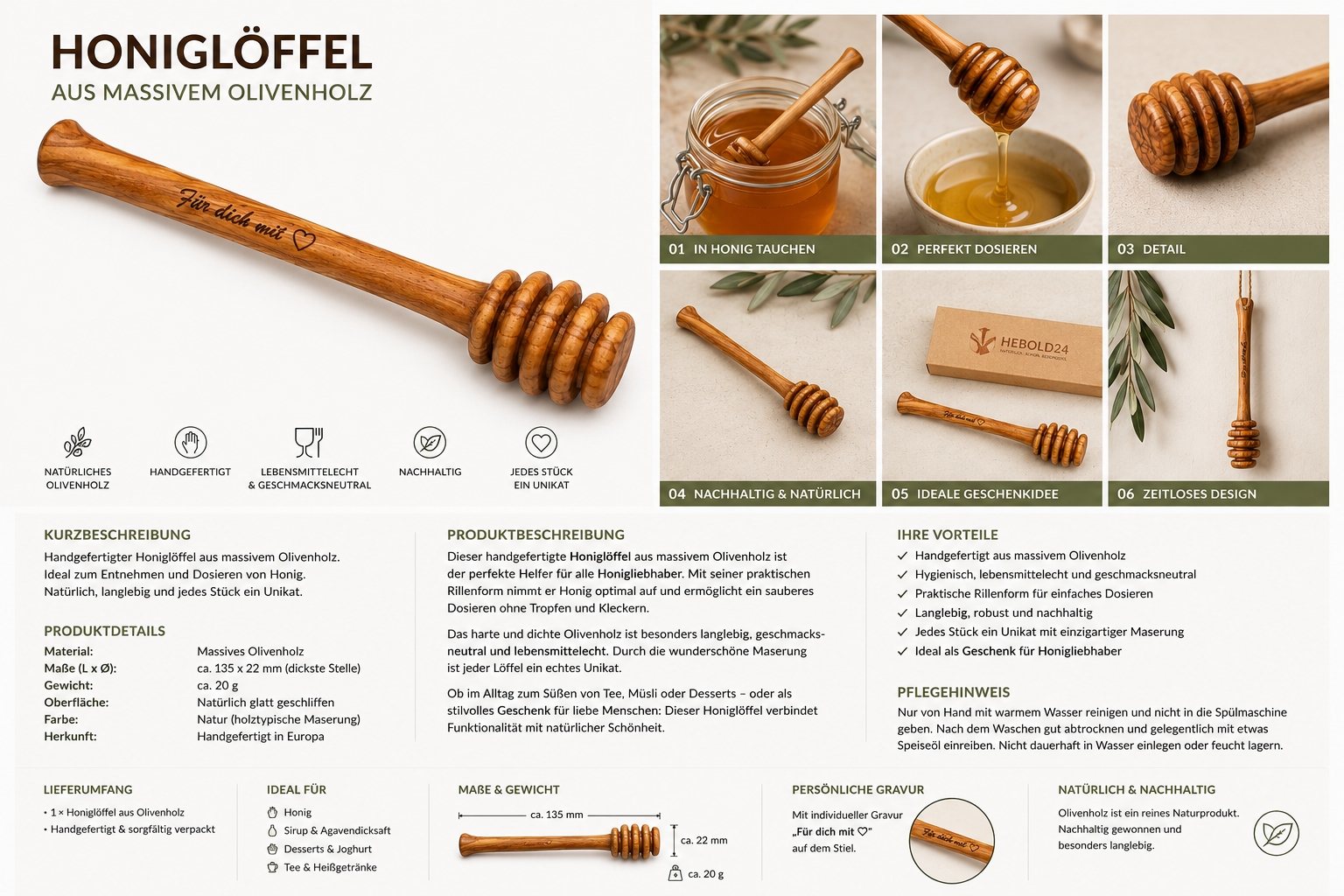 Honiglöffel 14 cm aus massivem Olivenholz – handgefertigt – für Honig, Sirup und flüssige Süßungsmittel – Bild 2