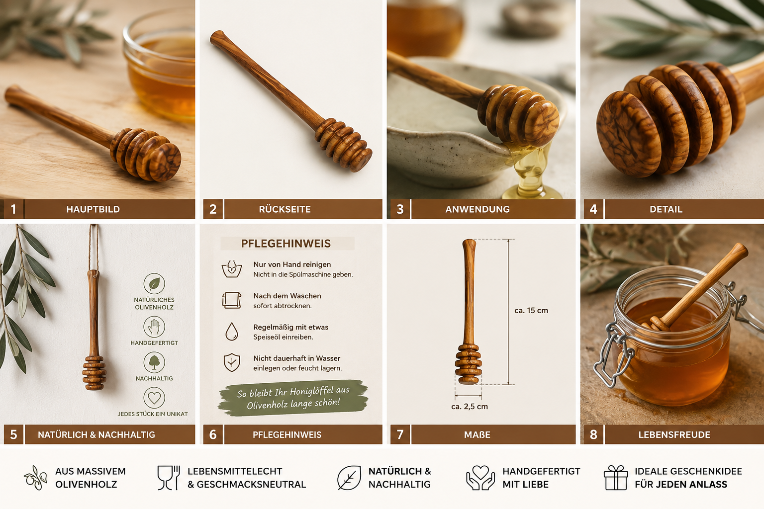 Honiglöffel 14 cm aus massivem Olivenholz – handgefertigt – für Honig, Sirup und flüssige Süßungsmittel – Bild 4
