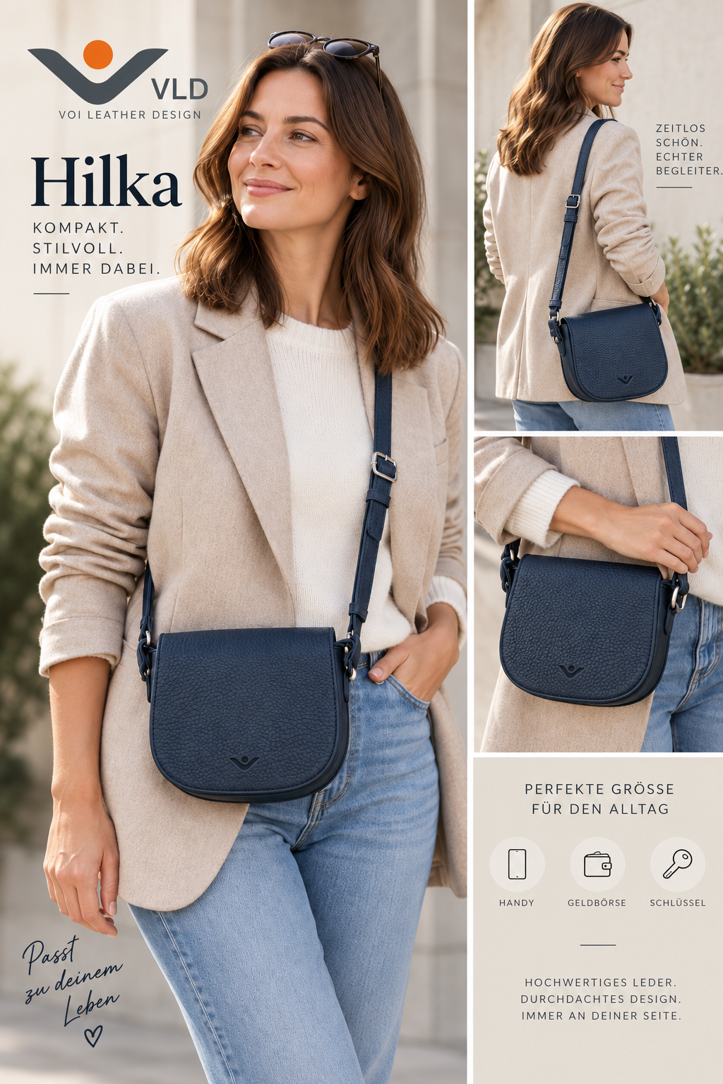 Voi leather design Hilka 22189 Damen Umhängetasche aus Leder mit Überschlag und Schlüsselfinder – Bild 5