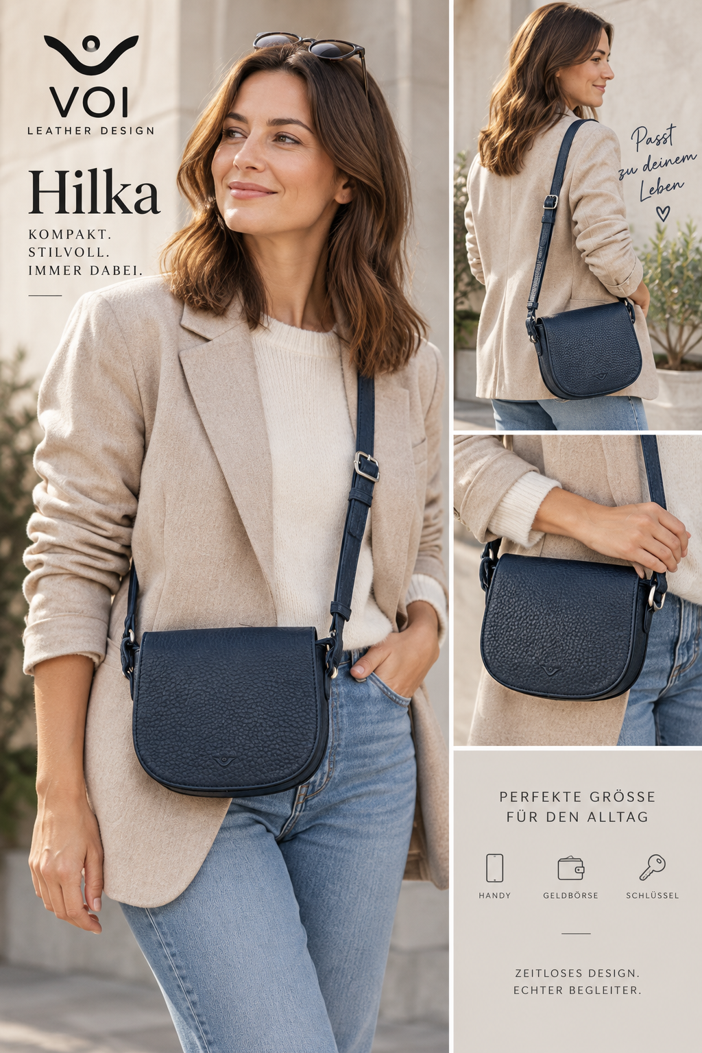 Voi leather design Hilka 22189 Damen Umhängetasche aus Leder mit Überschlag und Schlüsselfinder – Bild 6
