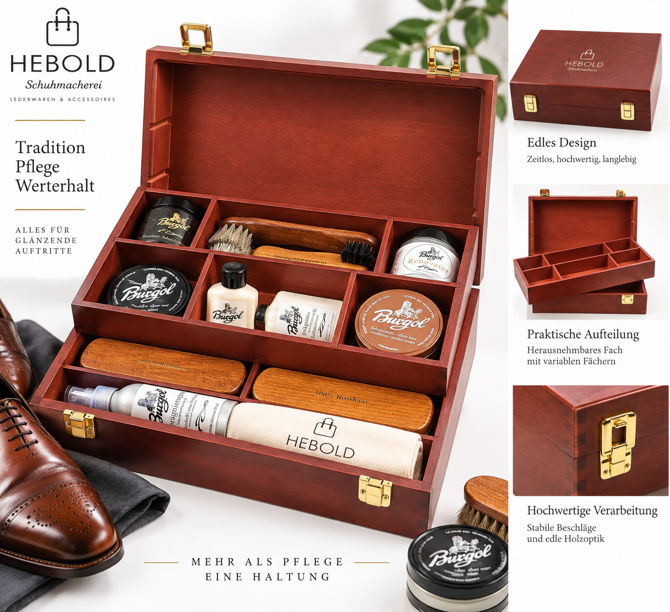 HEBOLD Schuhputzkasten „Schuhmacherei“ 2-teilig aus Holz – Mahagoni mit goldfarbenen Beschlägen, persönliche Gravur, ohne Inhalt – Bild 10