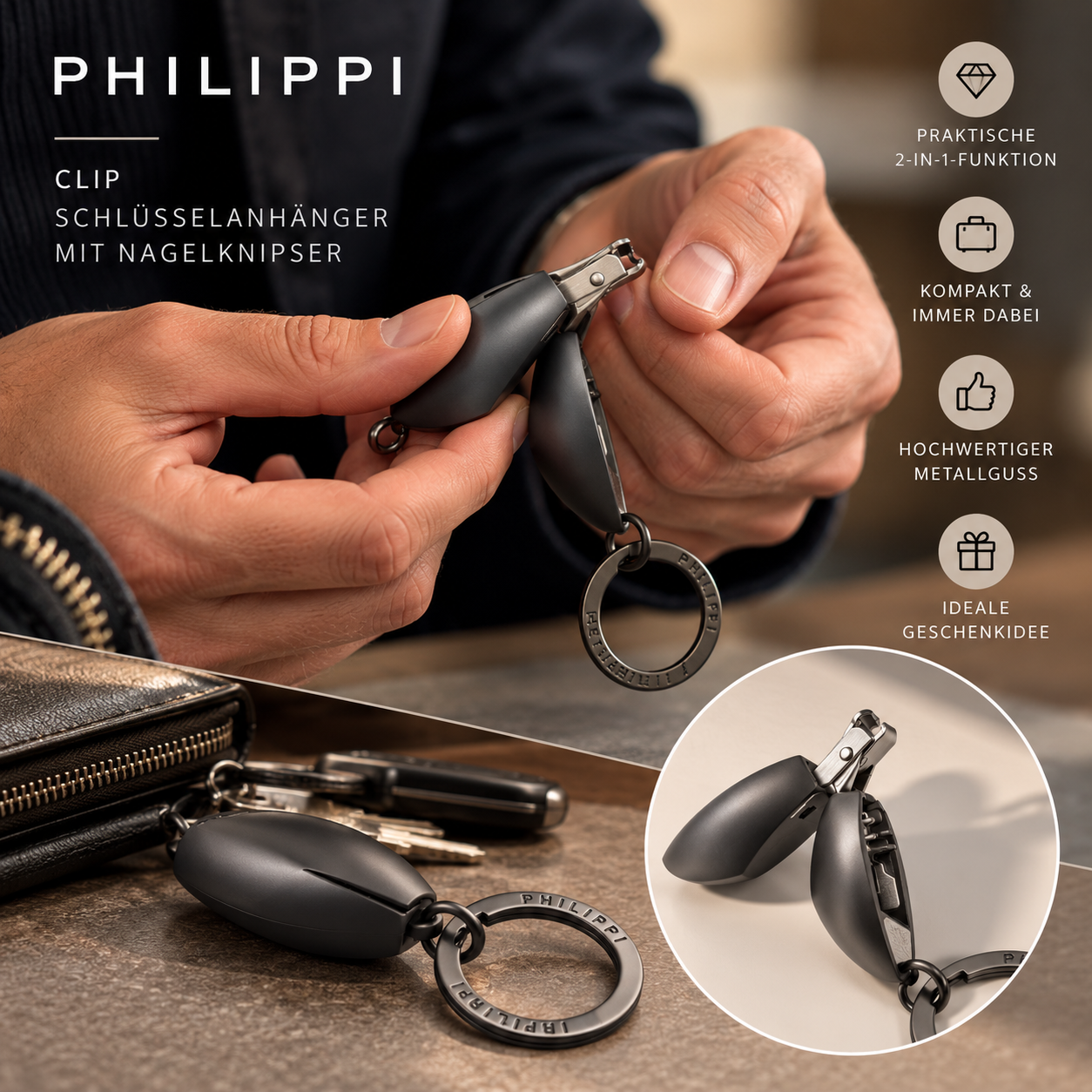 PHILIPPI CLIP Schlüsselanhänger mit Nagelknipser kompakter Schlüsselanhänger aus mattschwarzem Met – Bild 3