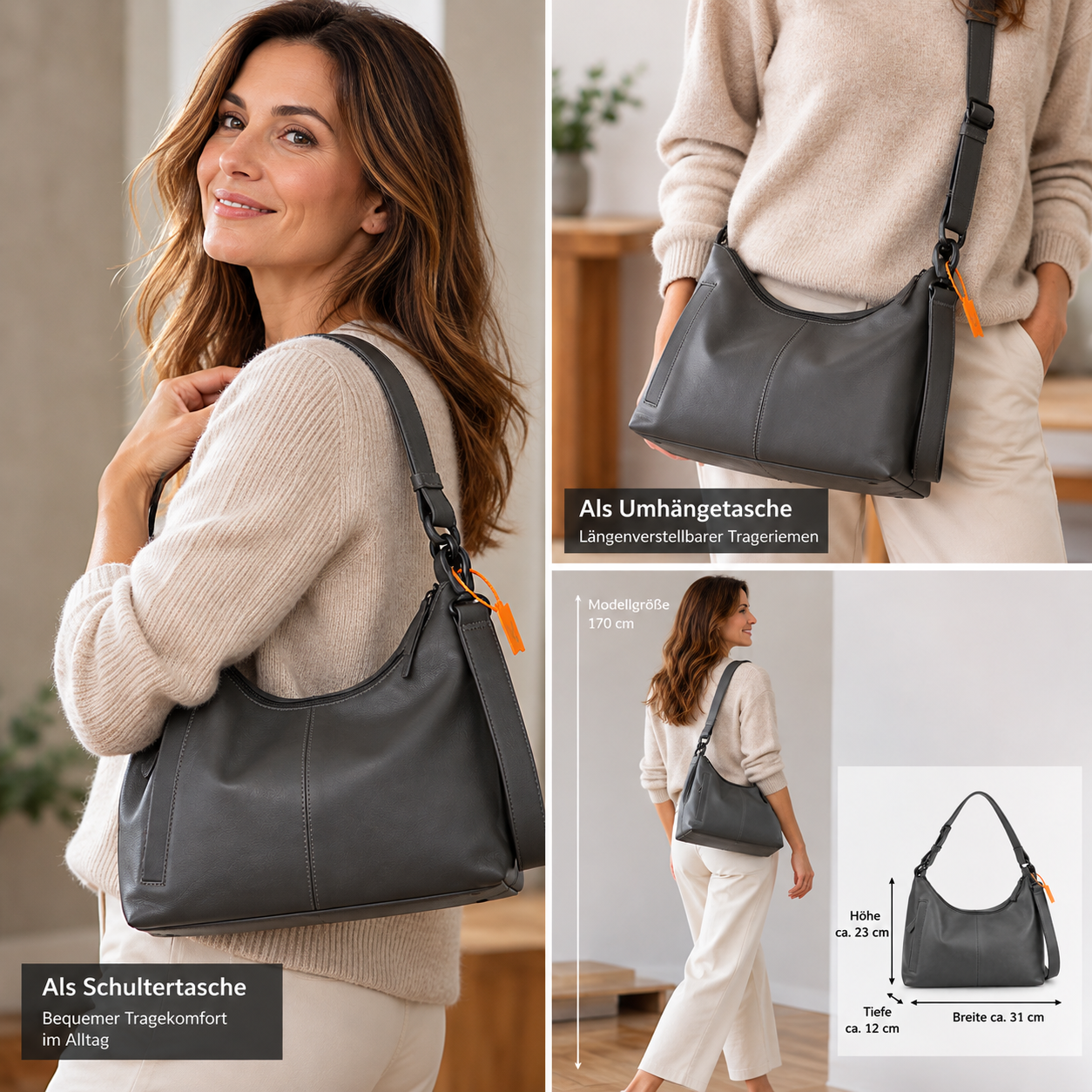 Voi Texas Susanne Schultertasche aus genarbtem Leder Anthrazit – Bild 3
