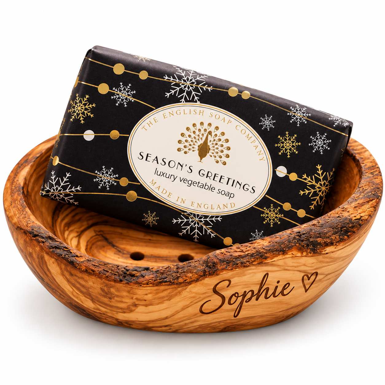 Olivenholz Seifenschale mit englischer Luxusseife von The English Soap Company – optional personalisiert mit Gravur – Bild 2