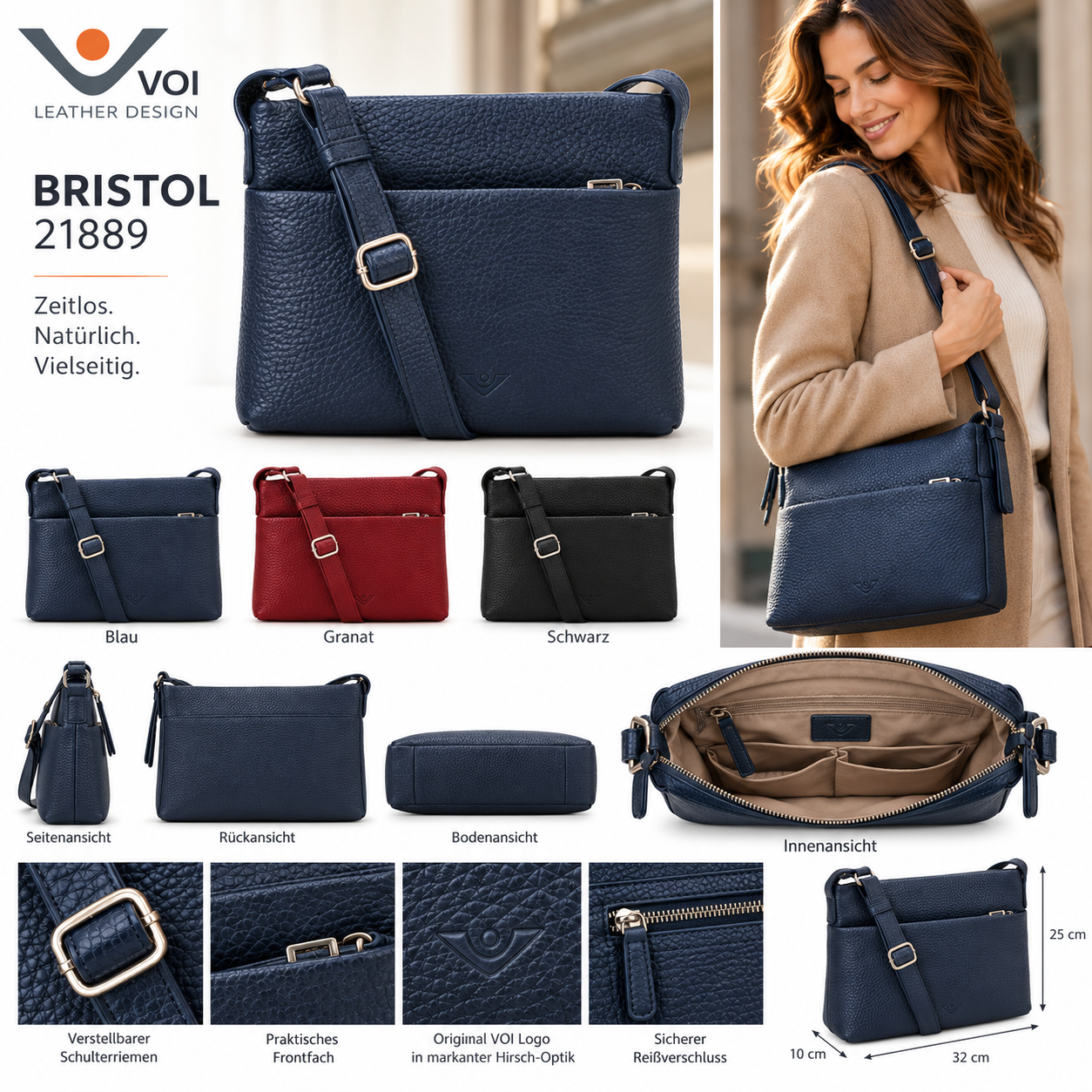 Voi Damen 21889 Umhängetasche Leder Hirsch Crossbody Bag Bristol – Bild 9