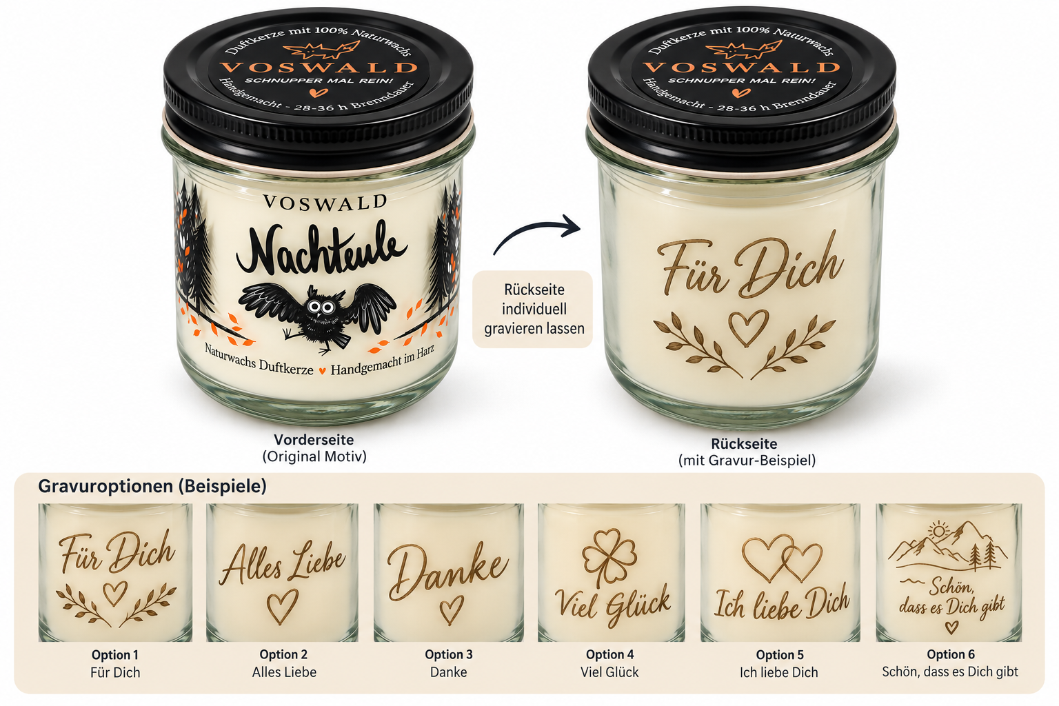 VOSWALD Nachteule Duftkerze 150 g – 100 % Naturwachs, handgemacht im Harz | optional mit persönlicher Gravur – Bild 4