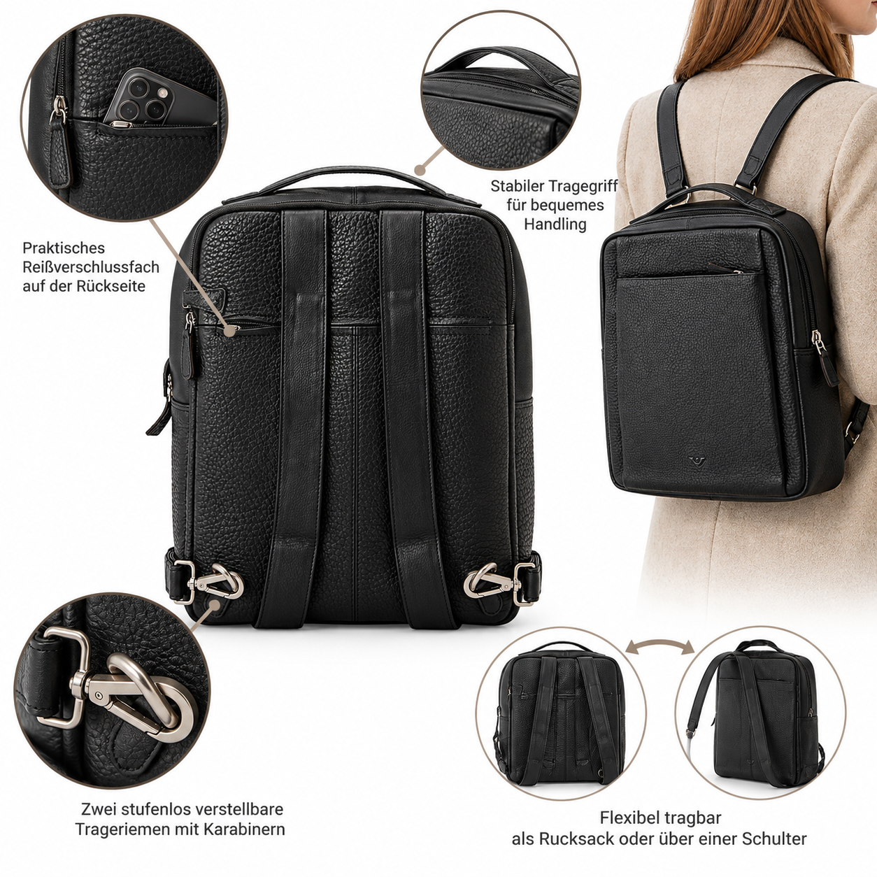 VOI leather design MAXIMA Lederrucksack Damen schwarz mit Laptopfach – Bild 5