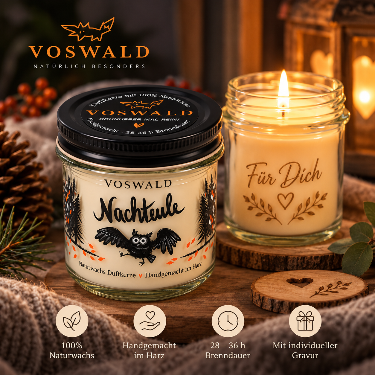 VOSWALD Nachteule Duftkerze 150 g – 100 % Naturwachs, handgemacht im Harz | optional mit persönlicher Gravur – Bild 5