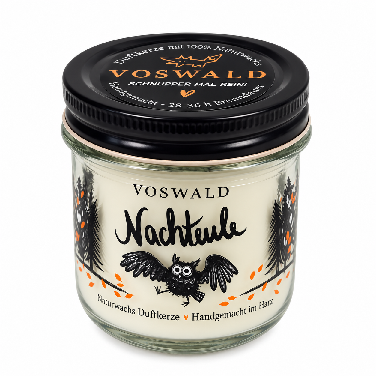 VOSWALD Nachteule Duftkerze 150 g – 100 % Naturwachs, handgemacht im Harz | optional mit persönlicher Gravur