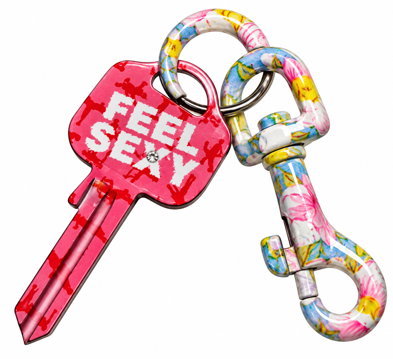 Schlüsselanhänger FEEL SEXY mit buntem Blumen-Karabiner – dekoratives Accessoire