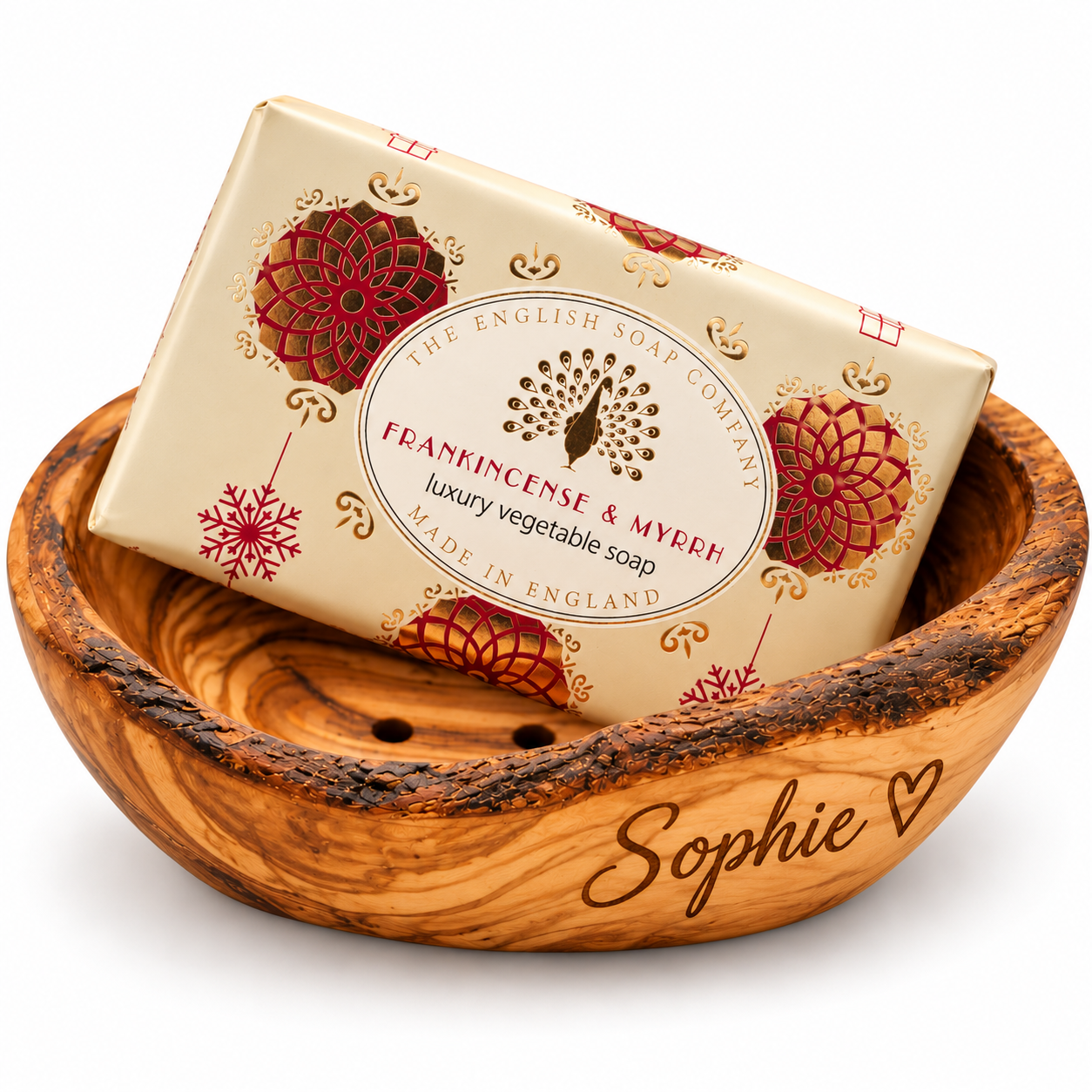 Olivenholz Seifenschale mit englischer Luxusseife von The English Soap Company – optional personalisiert mit Gravur